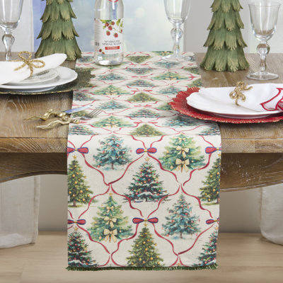 Chemin de table arbre de Noël rétro - chemin de table de fête avec imprimé ornemental et décorations métalliques