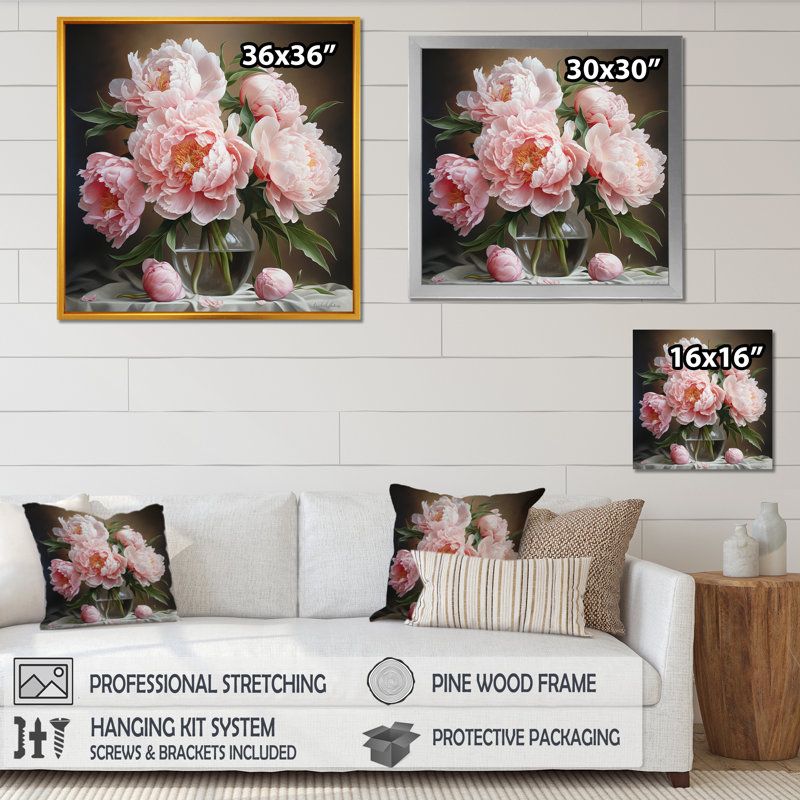 Reproduction d'art sur toile, pivoines roses, nature morte II, Encadrement argenté, 24" H x 24" W