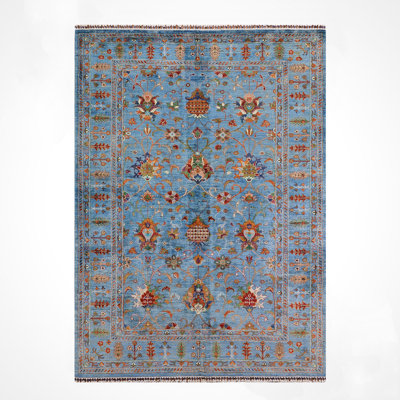 Original Hand Knotted Traditional Pattern Blue Wool and Cotton Rug