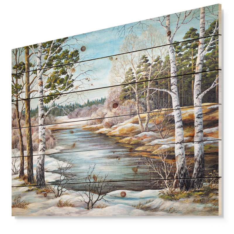 Schafer «The Spring Siberian River», peinture, H 15 po x l 20 po x P 1 po, Bois naturel