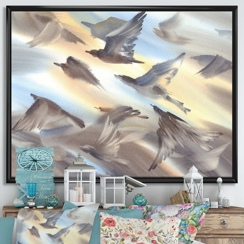 Vol d'oiseaux volant sur fond pastel, H 30 po x l 40 po x 1,5 po, Toile avec cadre noir