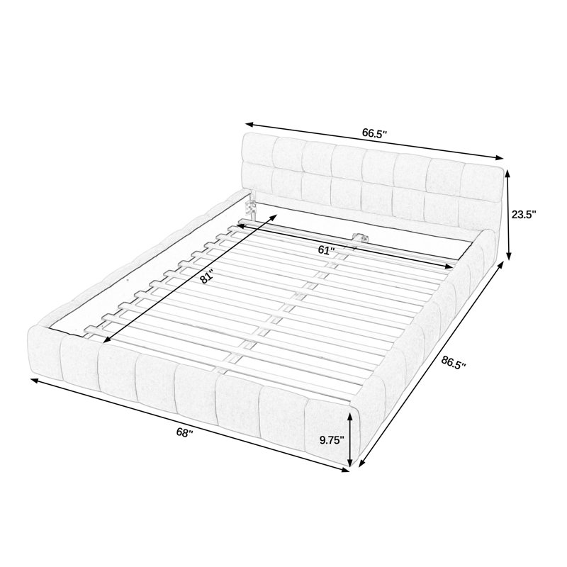 Structure de grand lit tapissier avec tête de lit capitonnée - lit moderne en chenille, aucun sommier nécessaire, Grand lit