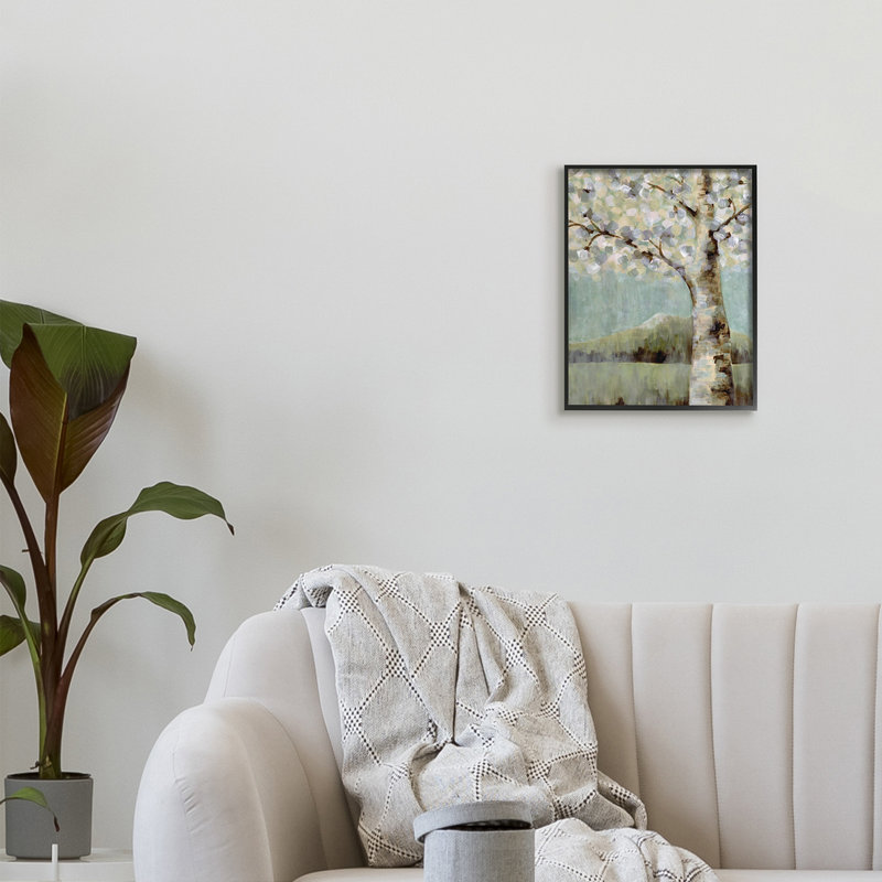 Fleurs sur un arbre neutre, paysage par Doris Charest - Peinture, Giclée encadrée noir minuit, H 14 po x l 11 po