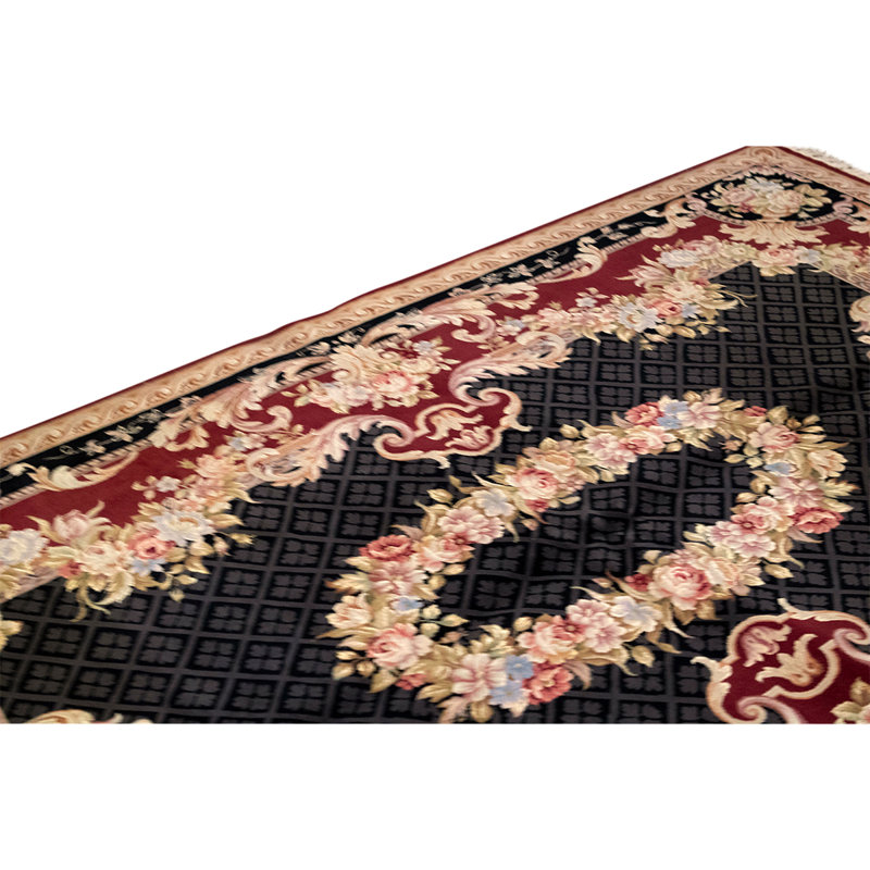 Tapis bourgogne / noir / beige de haute qualité noué à la main