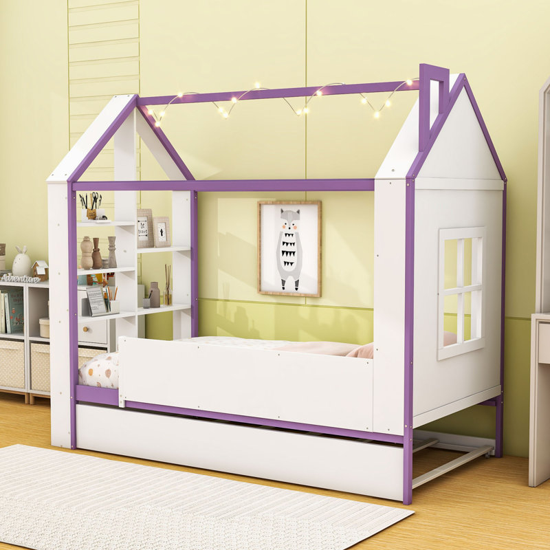 Lit en forme de maison avec lumière DEL blanc froid, lit gigogne caché et tablettes de rangement, Lit simple, White Purple