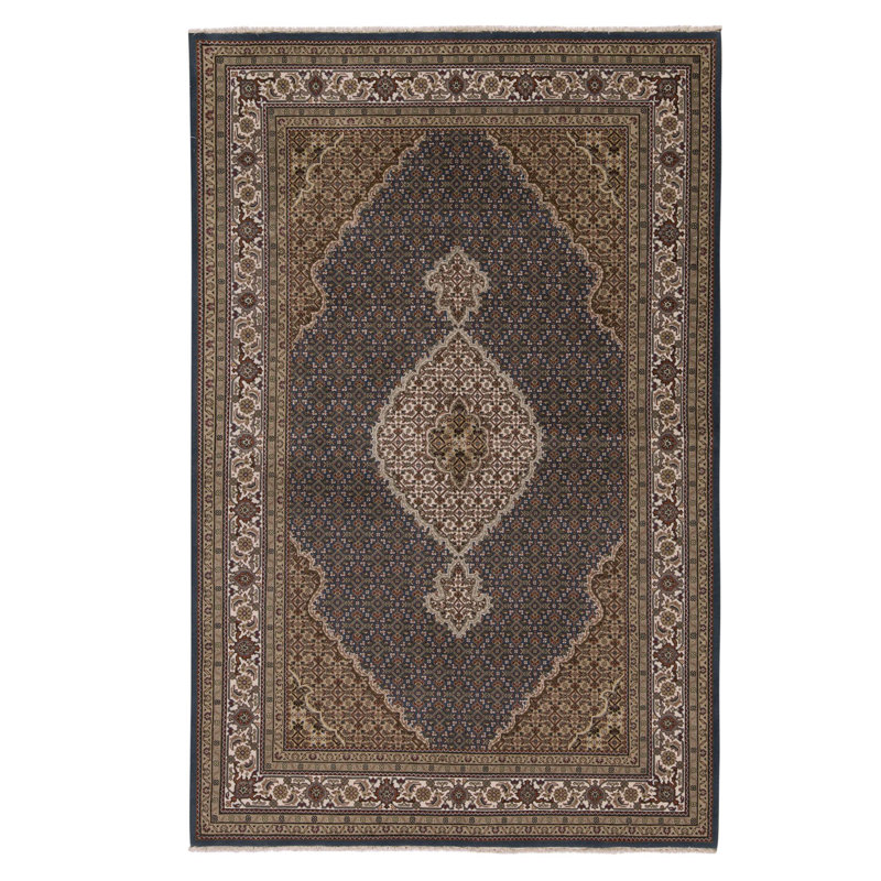 Hand Knotted Area Rug in Dark Blue And Cream