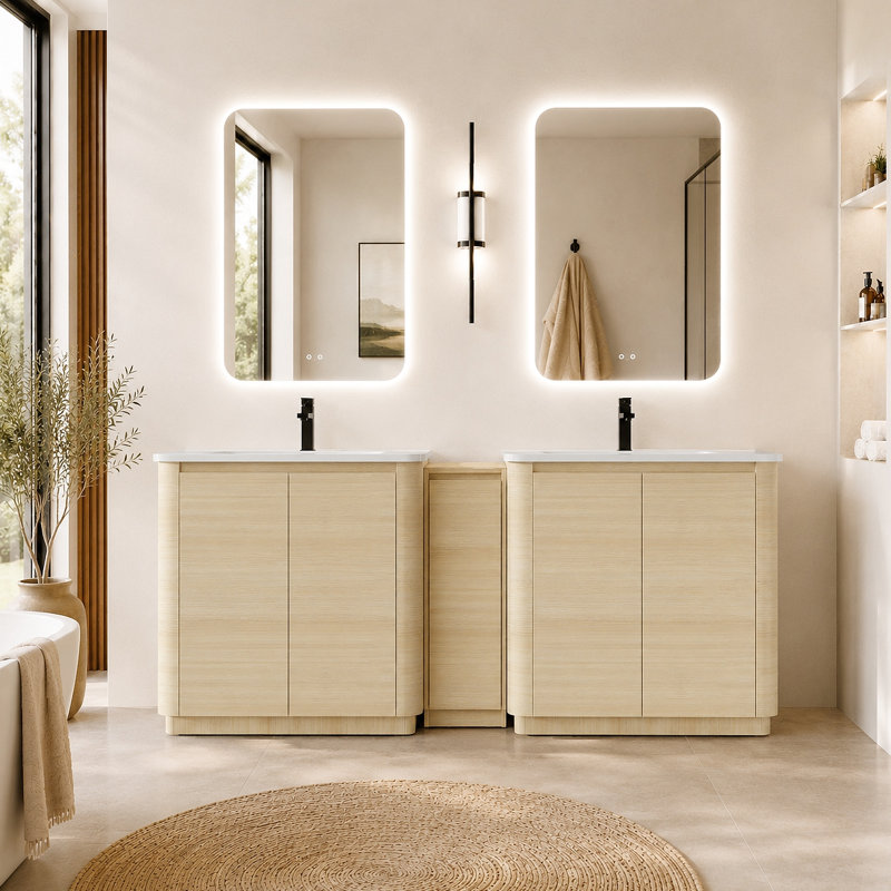 Meuble-lavabo autoportant de 84 po avec lavabo en céramique et 1 petite armoire de rangement à fermeture en douceur, contreplaqué