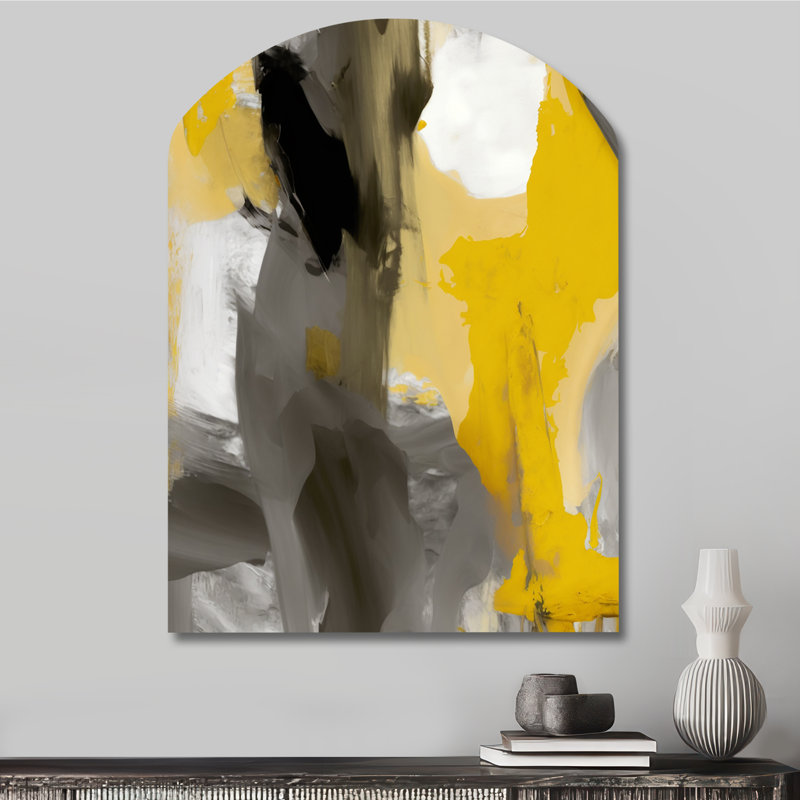 Moutarde jaune et gris vif II - art abstrait en forme d'arche abstraite, H 34 po x l 25 po