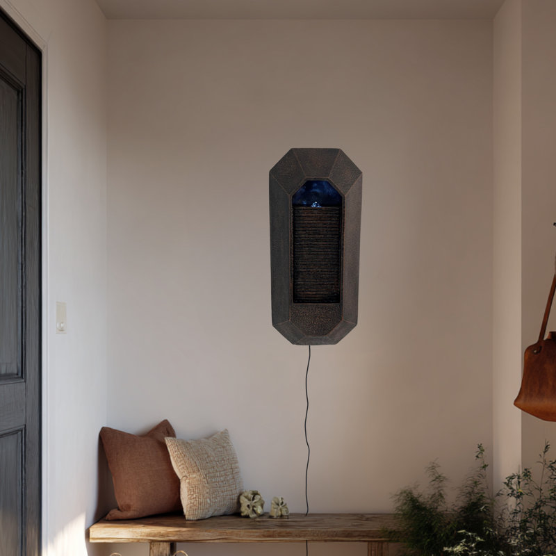  23.3" H Brown Wall Fountain with LED Light, Brown