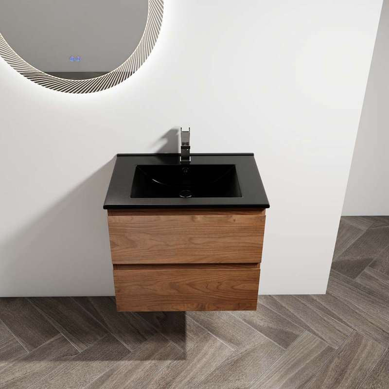 Meuble-lavabo simple 24 po avec plateau Daine, Noir, Chêne brun