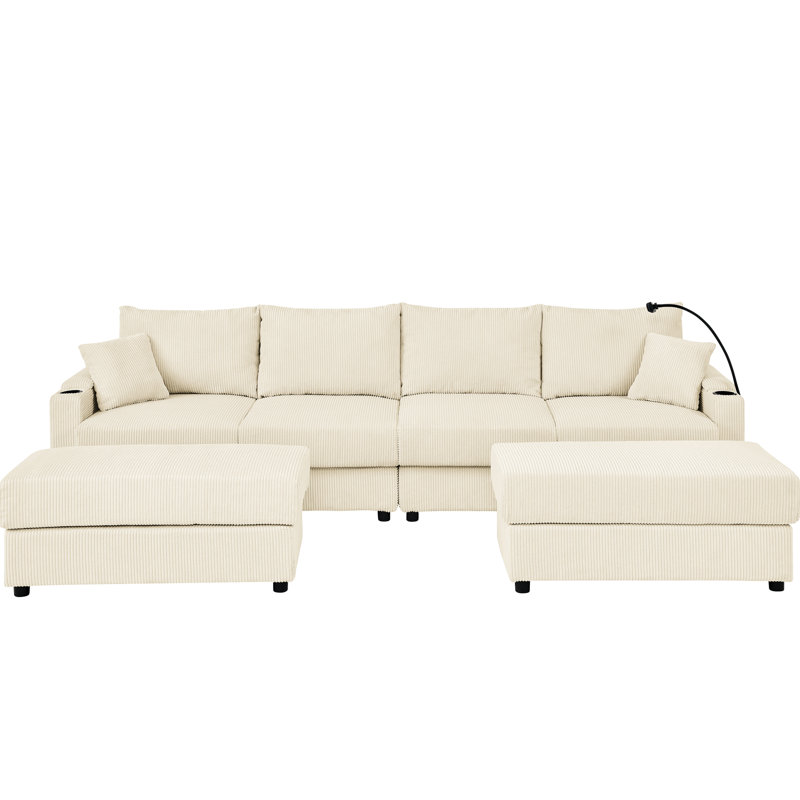Salon moderne en U en velours côtelé beige avec rangement, 2 repose-pieds, 4 sièges, siège profond, porte-gobelet pour porte-téléphone pour la décoration intérieure