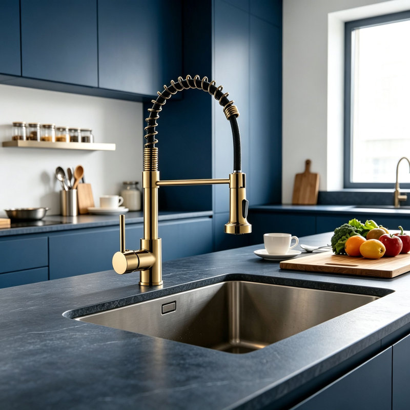 Topcraft Single Handle Single Hole Pull Down Kitchen Sink Faucet, Brushed Gold