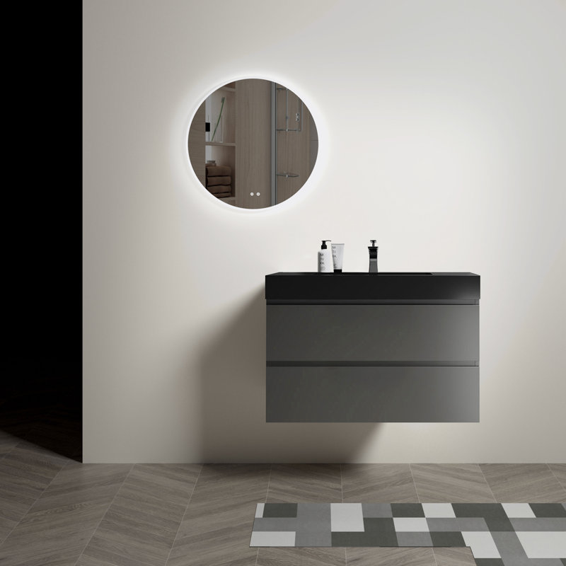 Meuble-lavabo de salle de bain avec lavabo, grand meuble-lavabo flottant mural, Gris, Noir