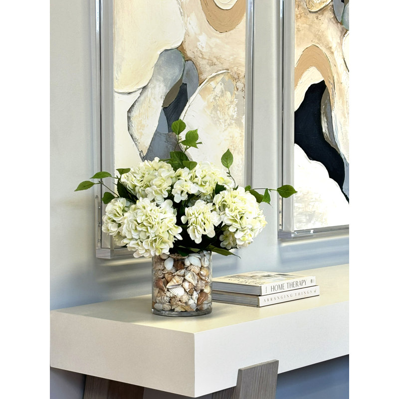Hydrangea Floral Arrangement In A Clear Glass Vase, Blue/Beige
