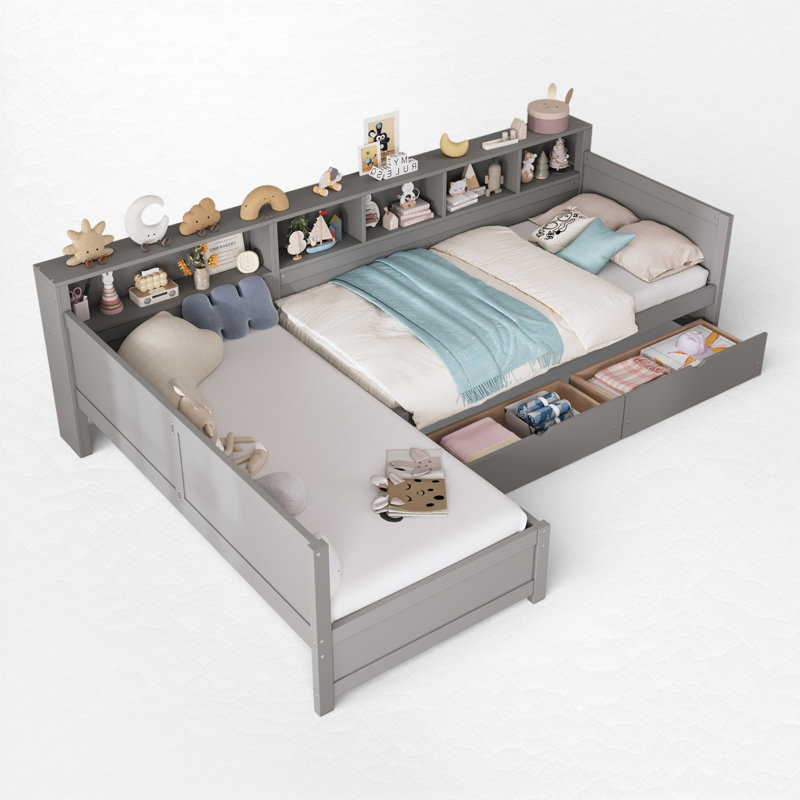 L-Shaped Daybed With Built-In Storage Shelves & Under-Bed Drawers, Gray