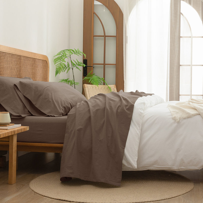 Ensemble de draps 100% coton délavé Bestouch, Brun écorce de pin, Ensemble de draps double / double avec 2 taies d'o