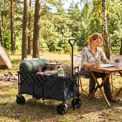 Collapsible Wagon Cart, 440lbs Heavy Duty Foldable Utility Wagon, 48in Extended Cargo Platform, All-Terrain Wheels, Portable for Family Camping, Beach, Garden, Grocery