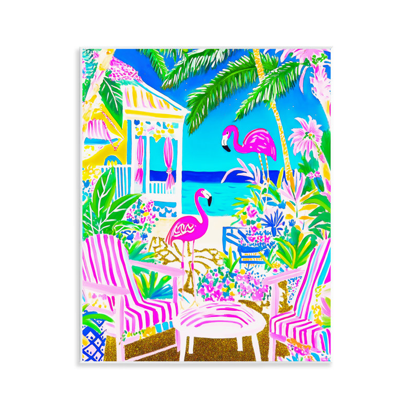 Plaque murale flamants roses sur une plage tropicale, design par Jess Stempel