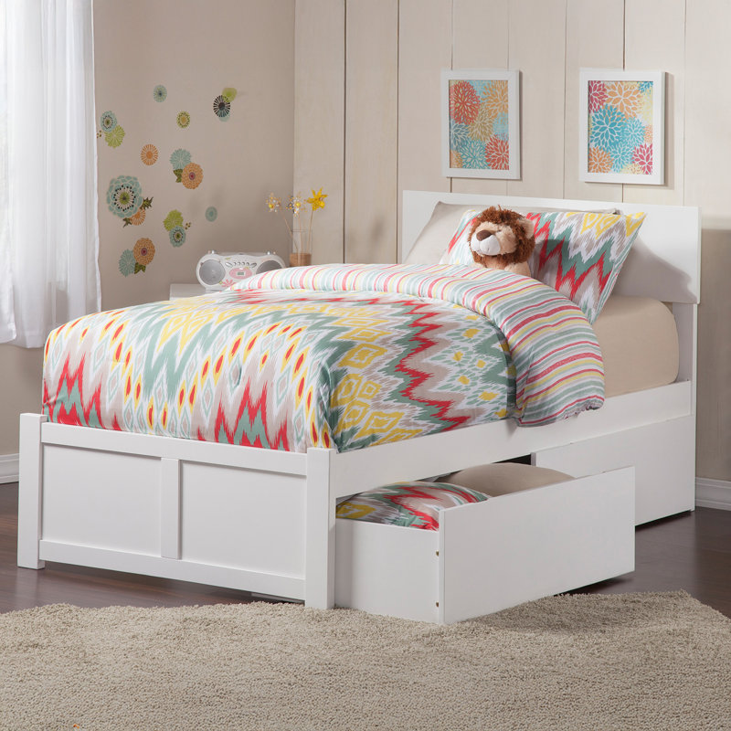 Bueno Park Solid Wood Platform Bed with Footboard and Under Bed Drawers, Twin, White