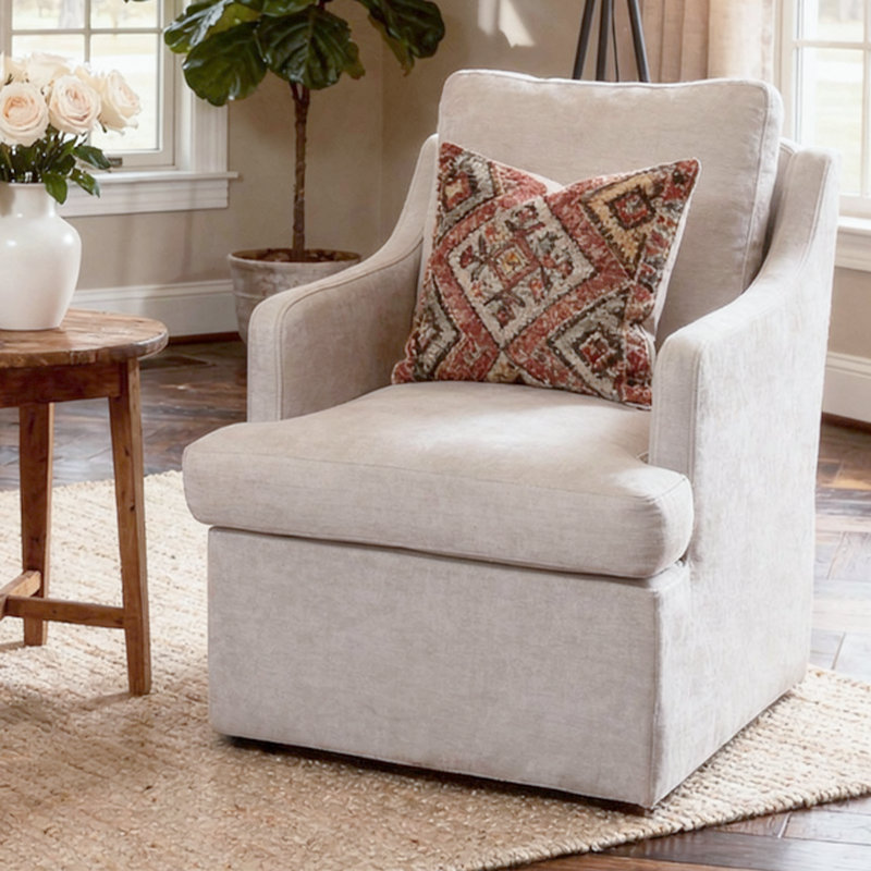 Chaise de salle à manger rembourrée pivotante en chenille avec dossier incurvé et accoudoirs, Beige