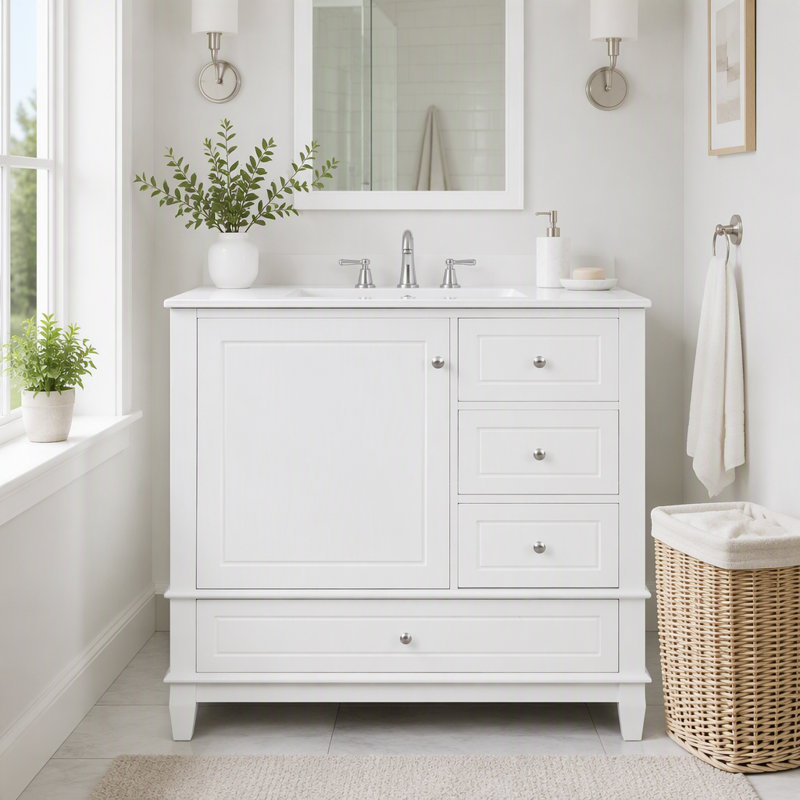 Meuble-lavabo 36 po avec lavabo en céramique et beaucoup de rangement, Blanc, 36
