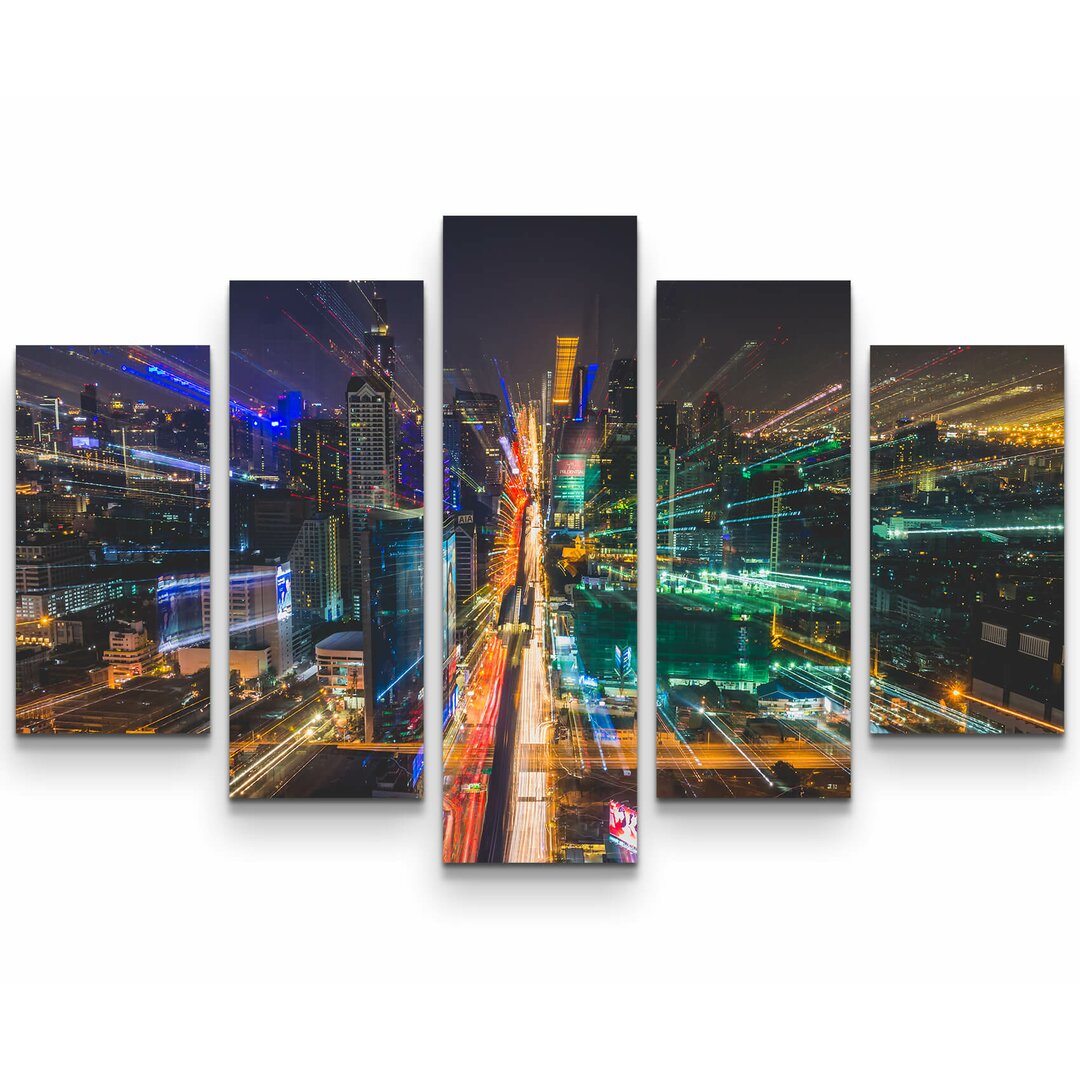 5-tlg. Leinwandbilder-Set Skyline bei Nacht - Bangkok, Thailand