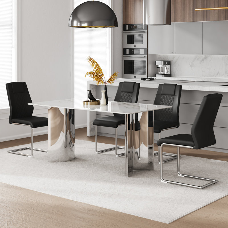 Ensemble de table de salle à manger moderne, plateau en verre marbré, élégance en acier inoxydable, divertissement à domicile