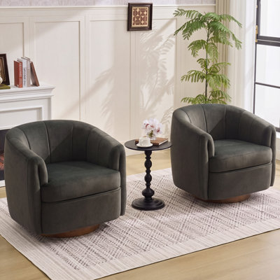 Oversized Velvet Fabric Upholstered Swivel Accent Chair with Solid Wood Base & Tufted Barrel Back – Set of 2, Ideal for Living Room or Bedroom