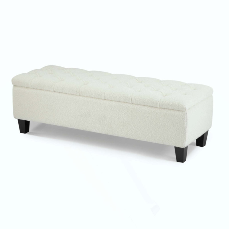 Ottoman Bench With Storage, Boucle Surface, Rubber Wood Legs, 300 Lbs Capacity