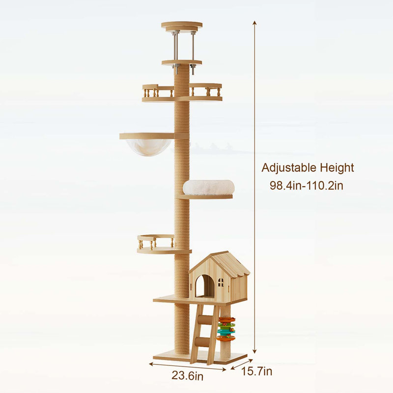 Arbre à chat du sol au plafond, tour à chat à hauteur réglable avec poteau à griffer, grand lit en bois et hamac, centre d'activités pour chats moderne