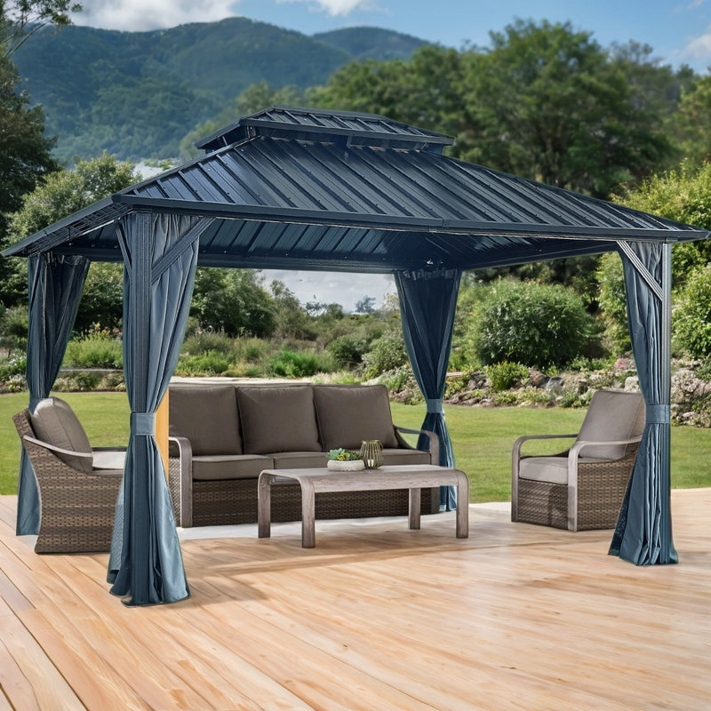 Galvanized Steel Double Roof Gazebo 10'x10'/10'x12'/12'x12'- Sturdy Aluminum Frame with Netting & Curtains for Lawn, Patio, Backyard