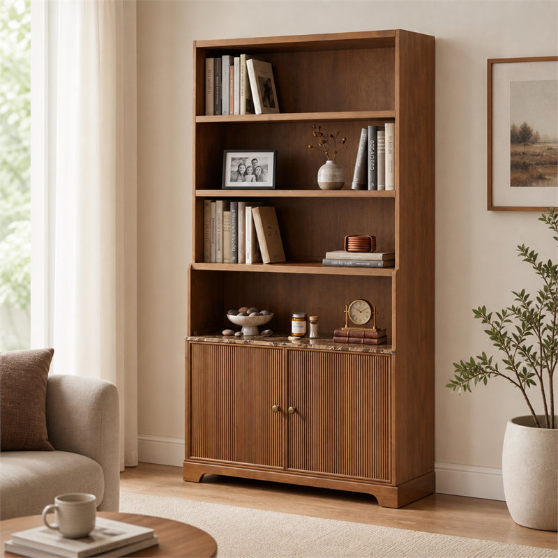 Bibliothèque en noyer avec 3 tablettes ouvertes