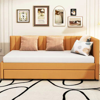 Upholstered Daybed In Yellow, With Twin Size Trundle And Construction Yellow Linen Trundle, Robust Structure, No Box Spring Requirement