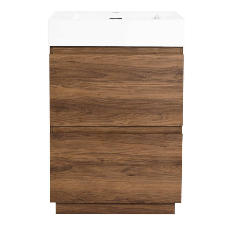 Meuble-lavabo de salle de bain 24 po avec lavabo simple et tiroir double. Bois d'ingénierie, finition brune avec tiroir d'armoire encastré moderne en bois d'ingénierie autoportant à pois