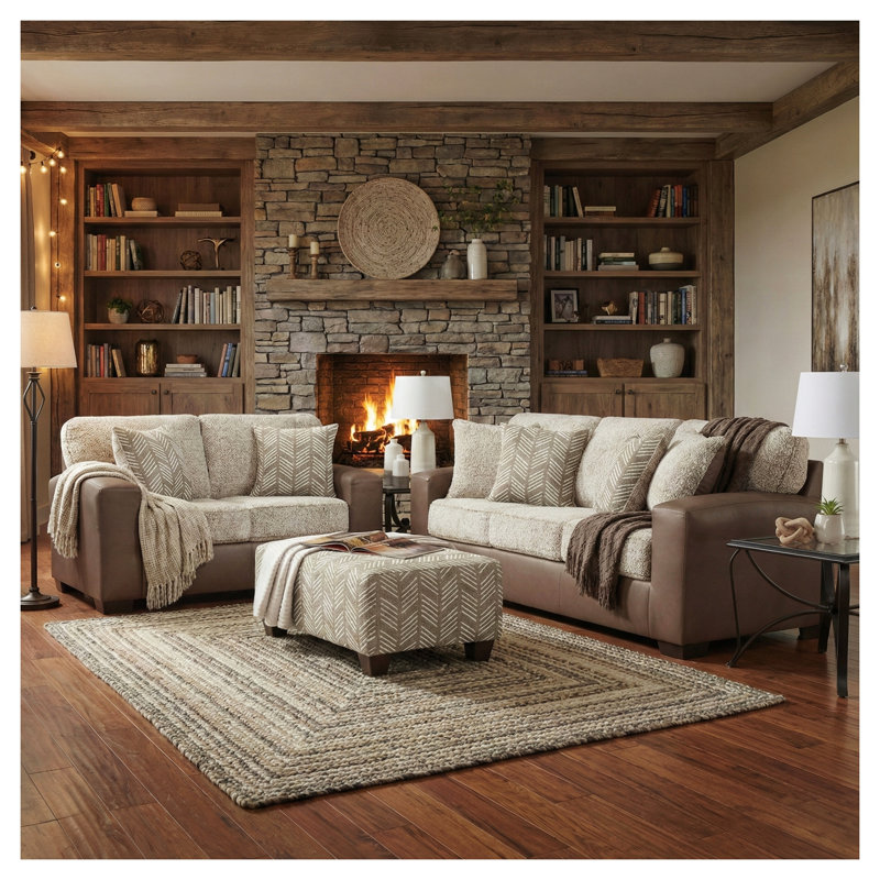 Ensemble de salon 3 pièces avec canapé, fauteuil et repose-pieds Marvella en similicuir brun et sherpa