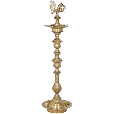 38" Tall Brass Floor Oil Lamp | Handcrafted Peacock Design Diya | Traditional Indian Home Decor Statement Piece