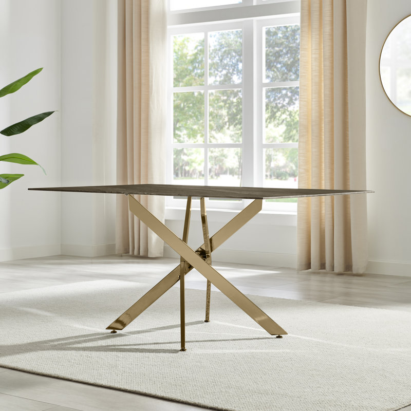 Chanden Luxury Marble Effect Glass 6 Seater Dining Table - Modern Statement Design, Gray, Gold