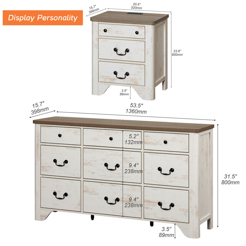 Ensemble de commode et de table de chevet 2 pièces 2 tiroirs Modern Modern, commode en bois, table de bout avec station de charge
