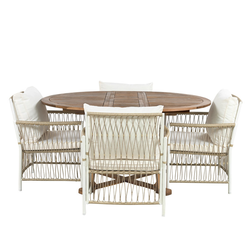 5-Piece Patio Extendable Wooden Dining Table Set with 4 PE Wicker Chairs