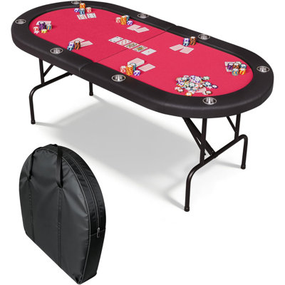 8 Player Oval Poker Table Foldable, 72" Game Table with Padded Rails, Cup Holders & Storage Bag