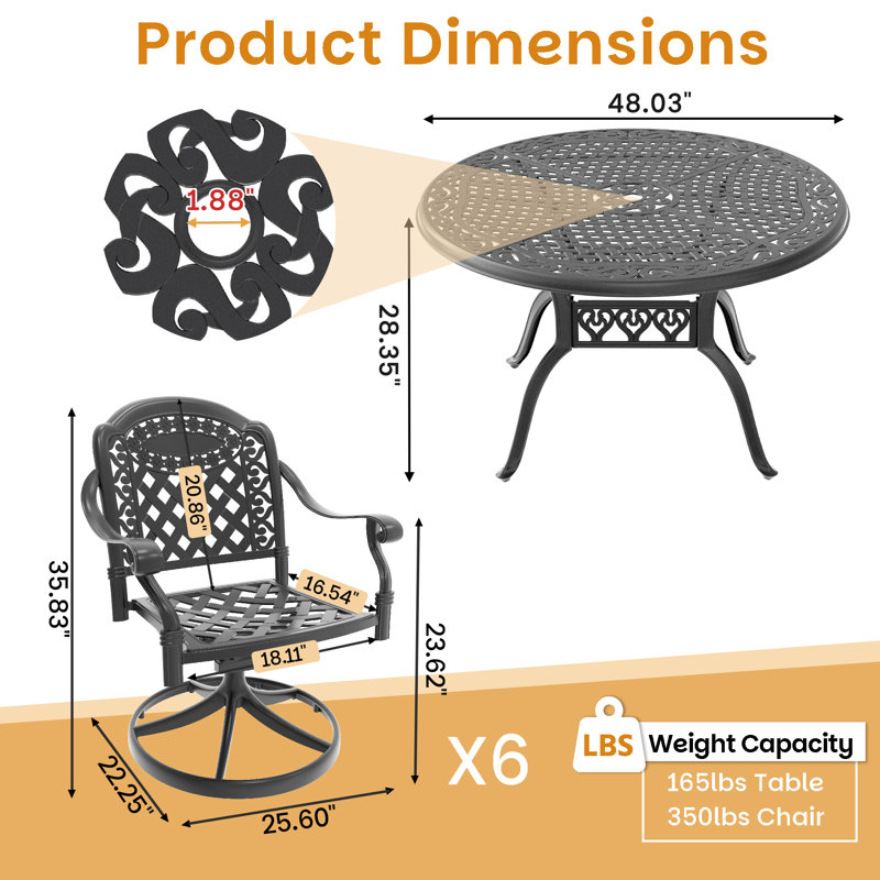 7-piece cast aluminum set - 48.03" round table & 6 swivel chairs, premium outdoor design in black frame