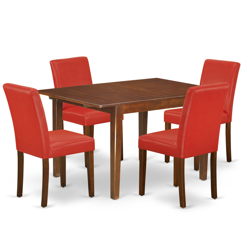Ensemble de table de salle à manger 5 pièces comprenant une table de cuisine rectangulaire avec rallonge papillon et 4 chaises Parson en simili cuir rouge Firebrick, acajou