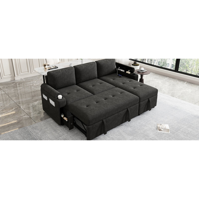Black L-Shaped With Reversible Chaise Lounge, Cup Holders, Ports & Comfort, Storage Convertible Bed Hidden Storage, Chenille Upholstery,