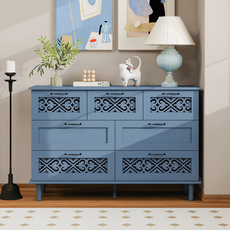 Armoire 7 tiroirs avec sculpture symétrique, conception multifonctionnelle pour la chambre à coucher, le salon et le bureau