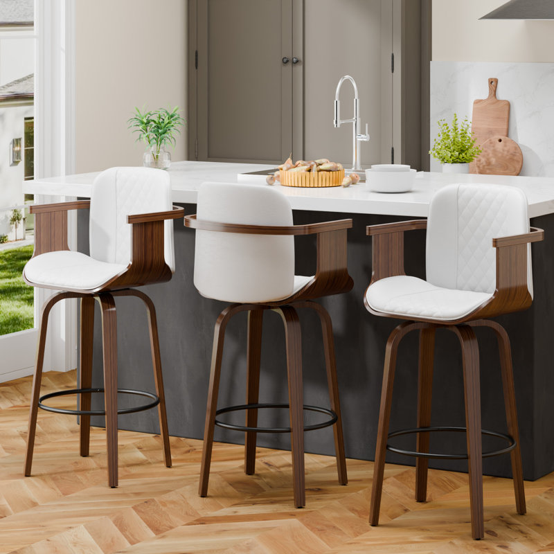 26'' High-back Swivel Bar Stool With Footrest Set Of 3, Beige, 3