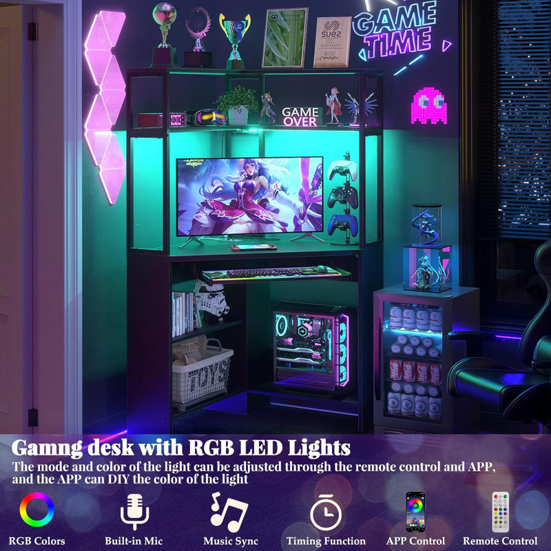 Meridel 29.5'' W Corner Computer Desk with Storage, Power Outlets and LED Lights, Black