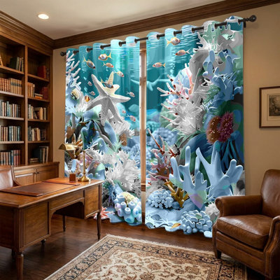 2Pcs Underwater Coral Reef Curtains, Vibrant Ocean Life Theme Drapes, Graphic Marine Animal Pattern Grommet Window Panels, Tropical Beach Style Decor for Bedroom Living Room