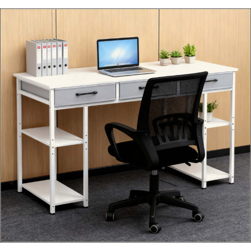 Petit bureau d'ordinateur avec tiroirs en tissu, Blanc