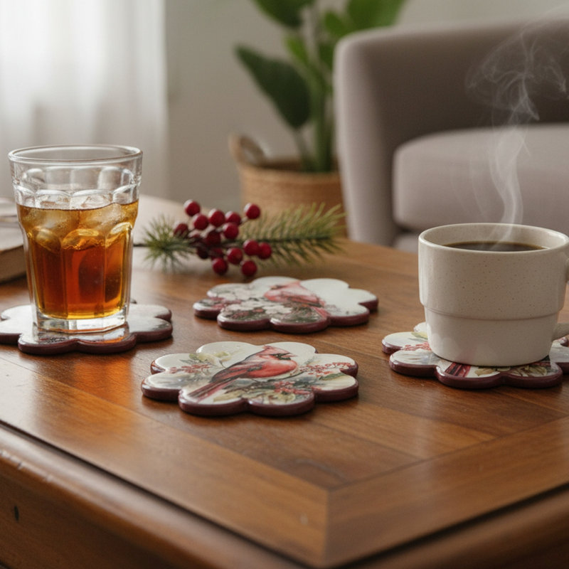 4 Piece Scallop Ceramic Coasters Cardinal