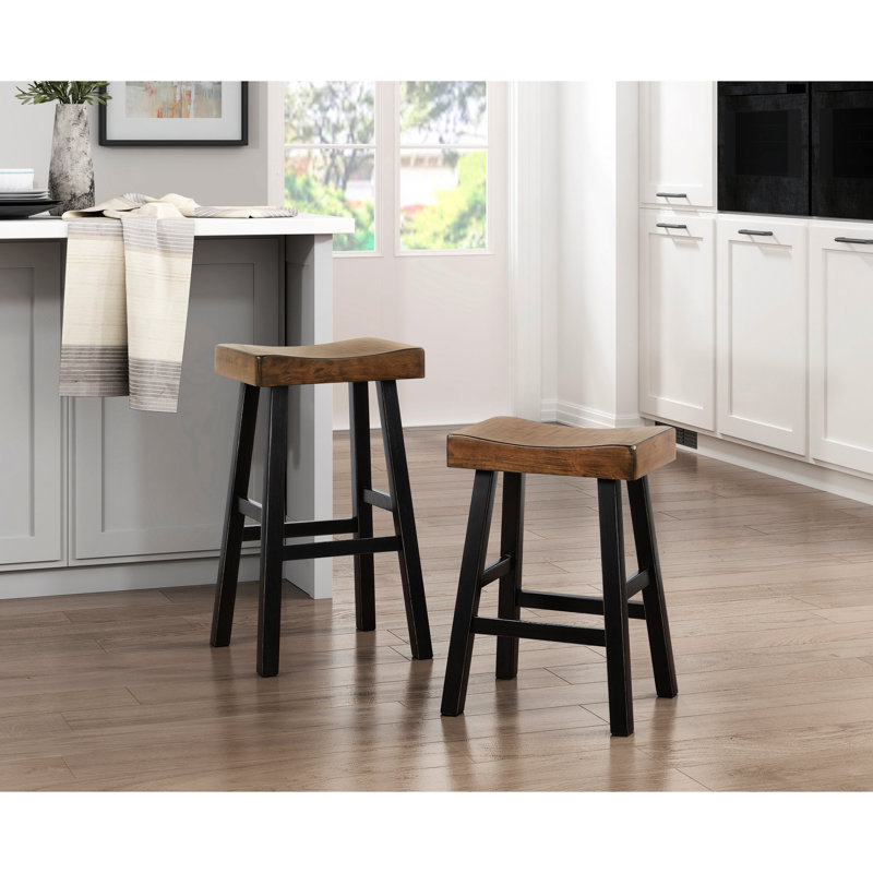 2 tabourets de comptoir en bois d'hévéa massif, style transitionnel, noir et brun brun, 2 pièces, Siège brun / cadre noir